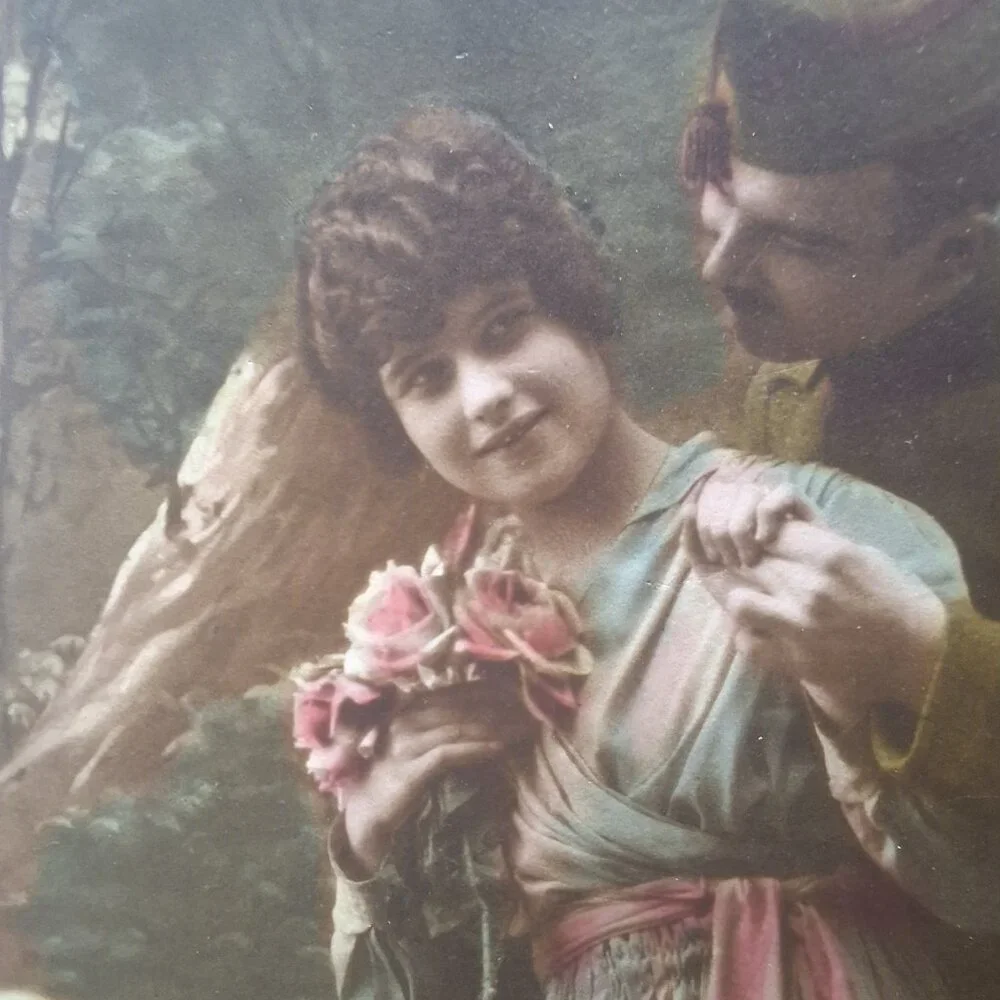 French Romantic Soldier Postcard 1919 Colorized Artwork Sentimental Antique‎